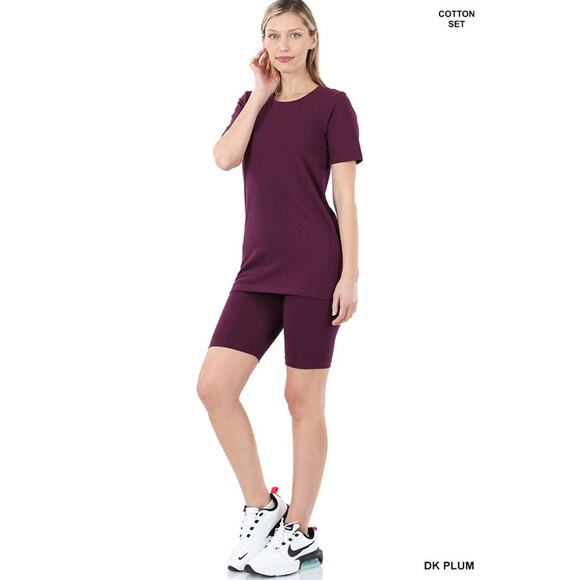 Cotton Crew Neck Short Sleeve top & biker Shorts set (Dark Plum)-Large - Picture 1 of 2